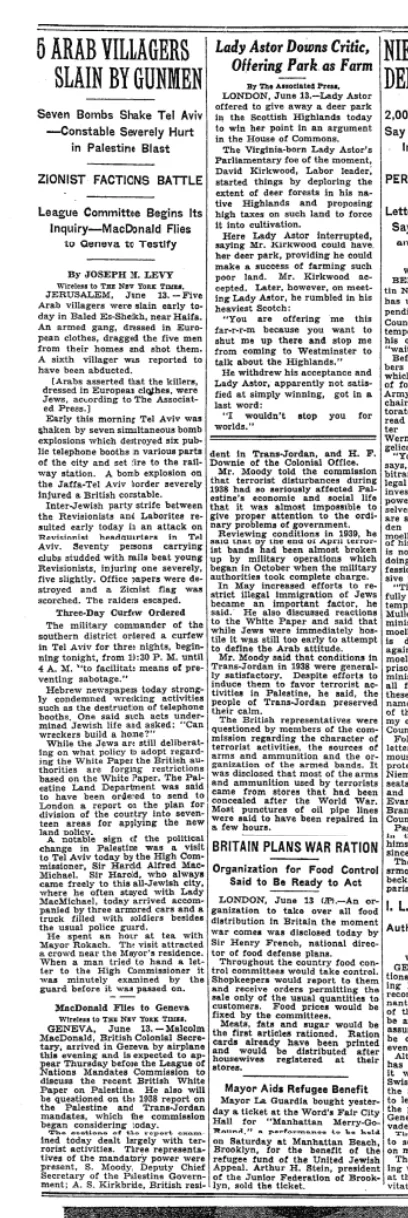 5 Arab Villagers Slain by Gunmen &mdash; The New York Times, 14 June 1939