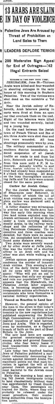 13 Arabs Are Slain in Day of Violence &mdash; The New York Times, 30 June 1939