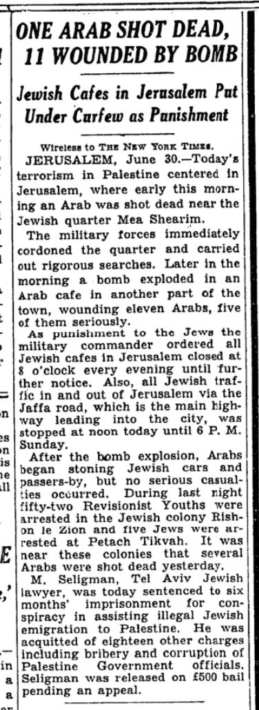 One Arab Shot Dead, 11 Wounded by Bomb &mdash; The New York Times, 1 July 1939