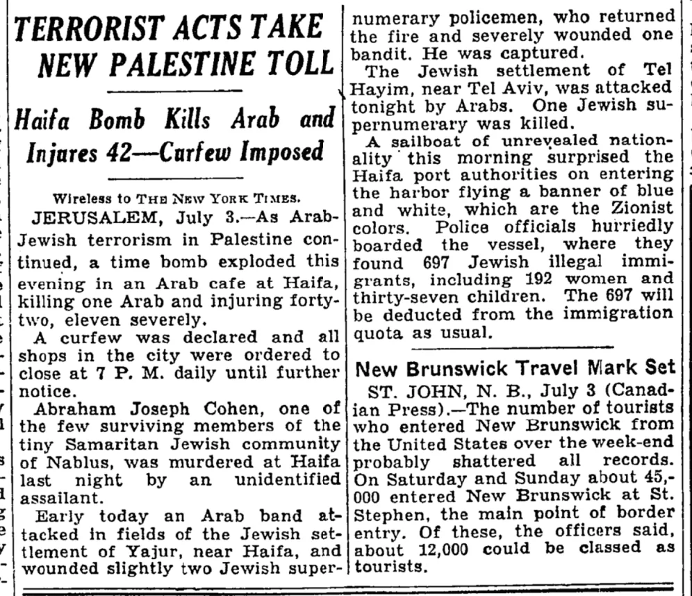 Terrorist Acts Take Toll &mdash; The New York Times, 4 July 1939