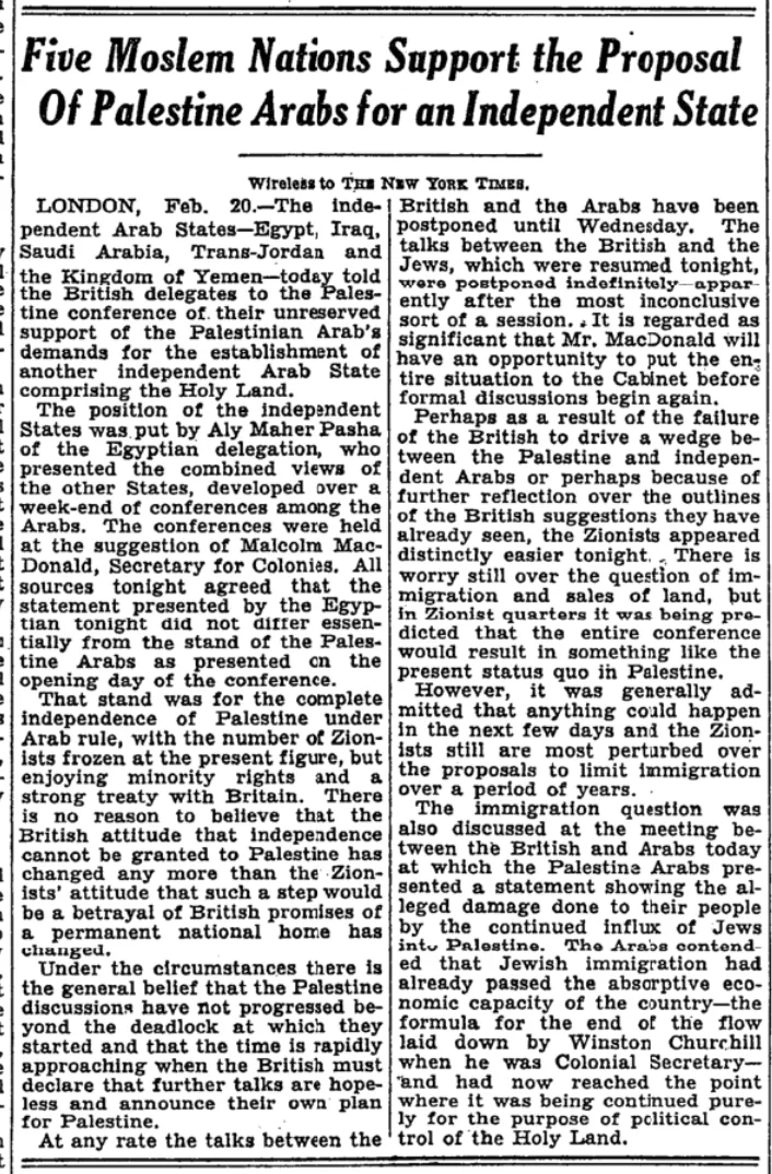 Five Moslem Nations Support the Proposal of Palestine Arabs for an Independent State &mdash; The New York Times, 21 February 1939