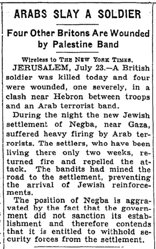 Arabs Slay a Soldier &mdash; The New York Times, 24 July 1939