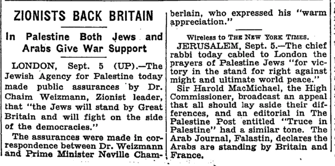 Zionists Back Britain &mdash; The New York Times, 6 September 1939
