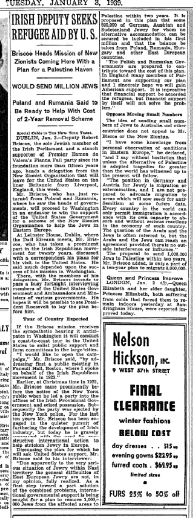 Irish Deputy Seeks Palestine Plan &mdash; The New York Times, 3 January 1939