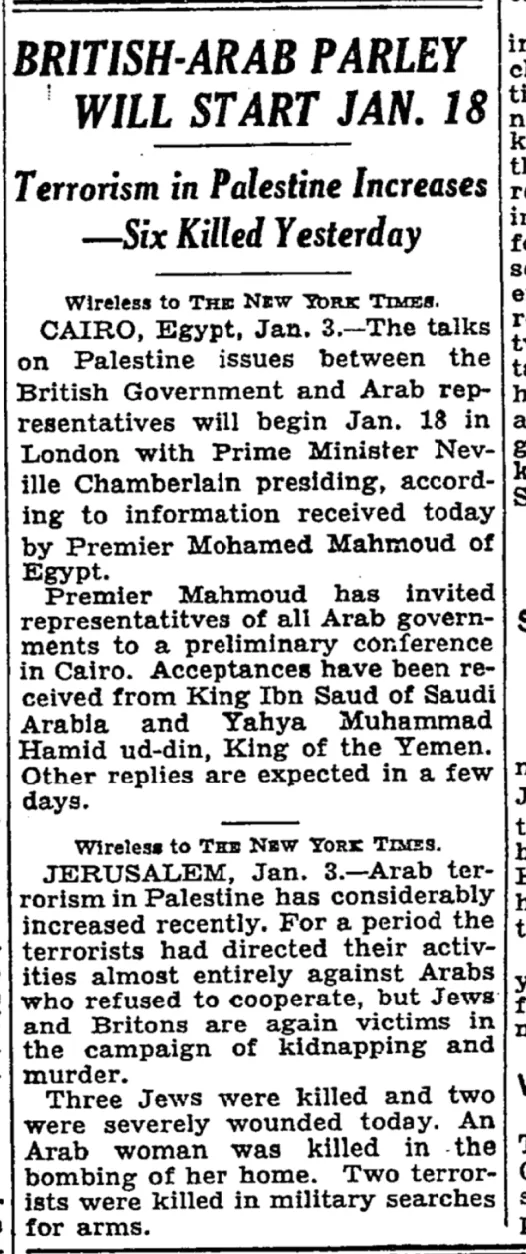 British-Arab Parley Will Start Jan. 18 &mdash; The New York Times, 4 January 1939