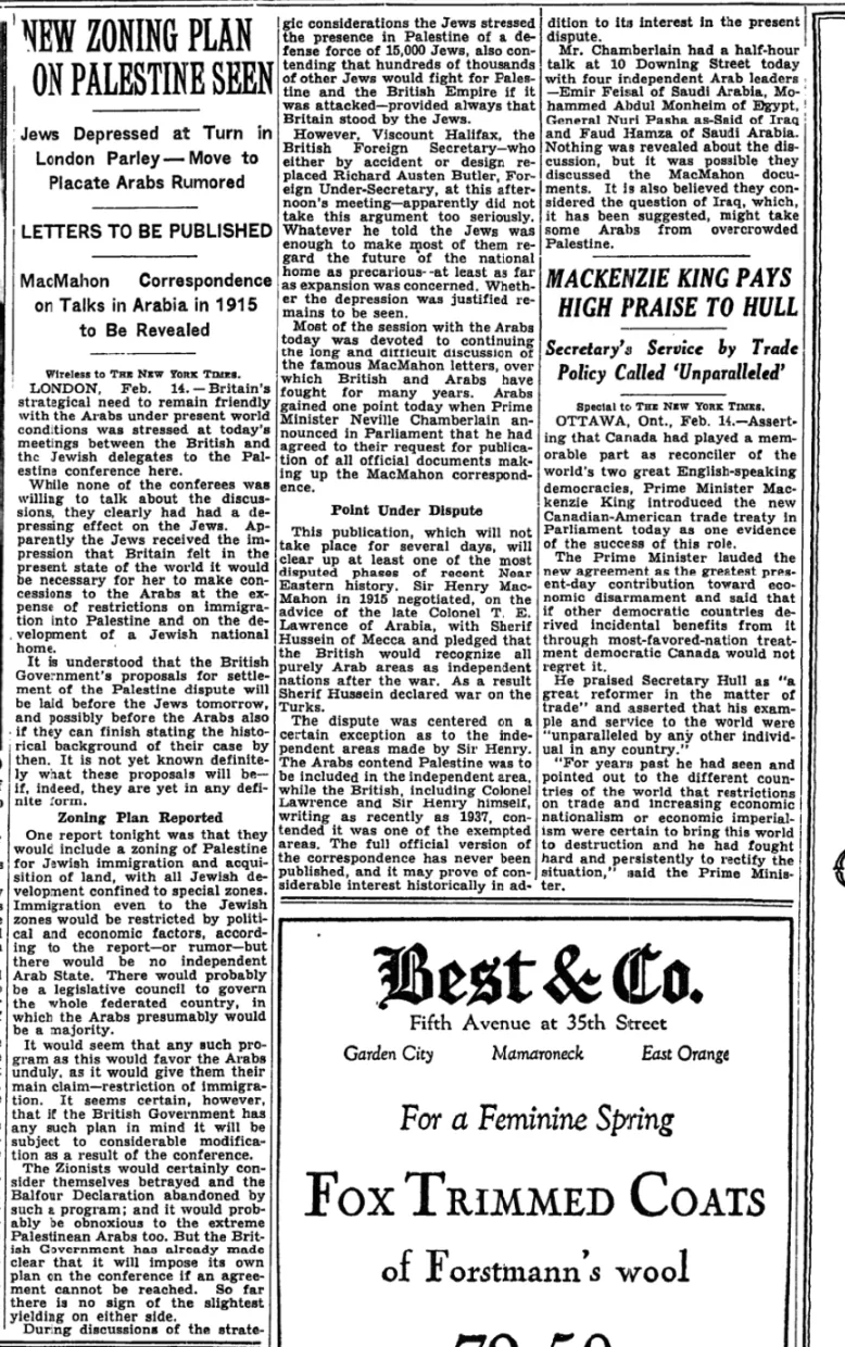 New Zoning Plan for Palestine &mdash; The New York Times, 15 February 1939
