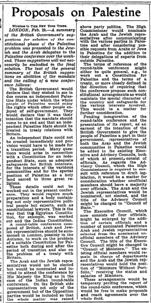 A Summary of the Arab Case &mdash; The New York Times, 27 February 1939