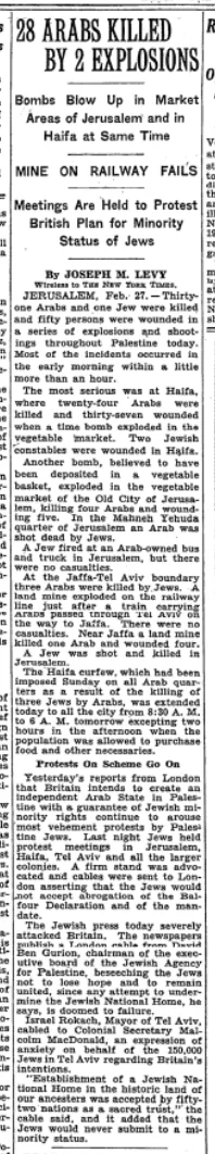 28 Arabs Killed by 2 Explosions &mdash; The New York Times, 28 February 1939