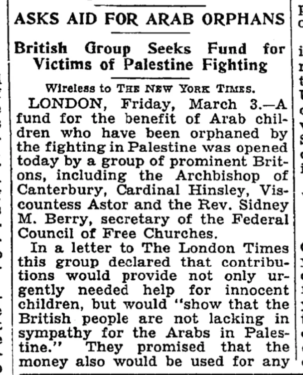Asks Aid for Arab Orphans &mdash; The New York Times, 3 March 1939