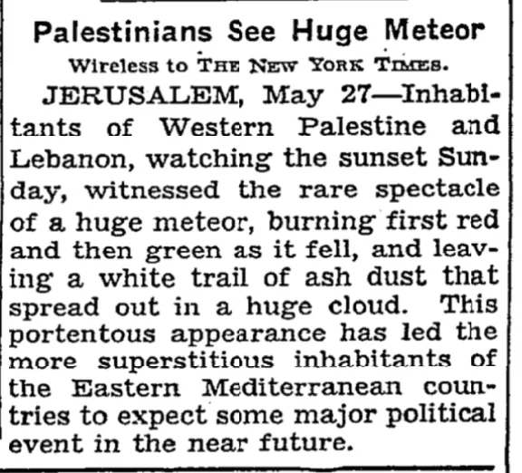 Palestinians See Huge Meteor &mdash; The New York Times, 28 May 1942