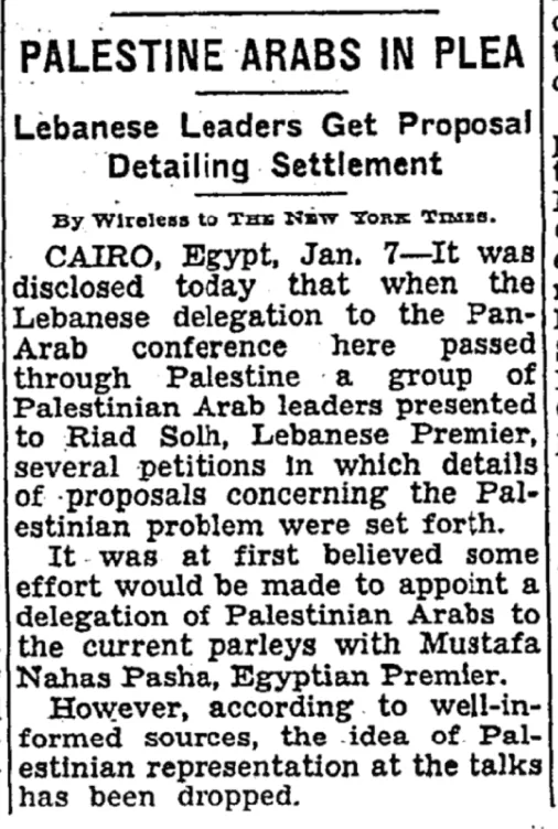 PALESTINE ARABS IN PLEA Lebanese Leaders Get Proposal &mdash; The New York Times, 8 January 1944