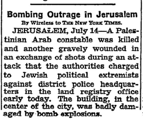 Bombing Outrage in Jerusalem &mdash; The New York Times, 15 July 1944