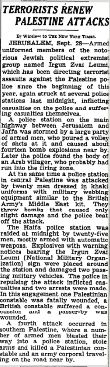 TERRORISTS RENEW PALESTINE ATTACKS &mdash; The New York Times, 29 September 1944
