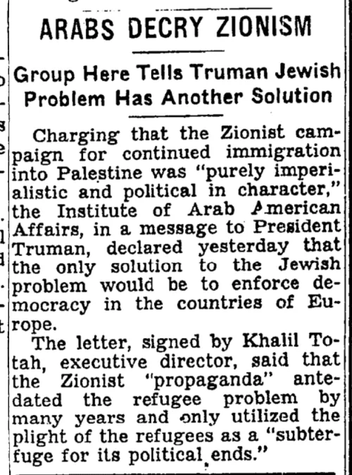 Arabs Decry Zionism &mdash; The New York Times, 7 October 1945