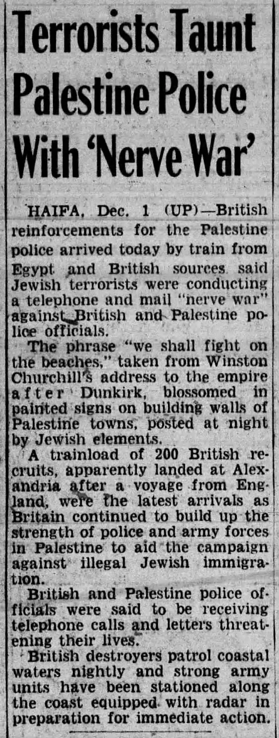 Terrorists Taunt Palestine Police With ‘Nerve War’ &mdash; Times Herald, 2 December 1945