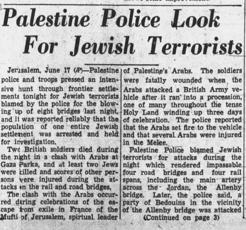 Palestine Police Look For Jewish Terrorists &mdash; The Morning Press, 18 June 1946