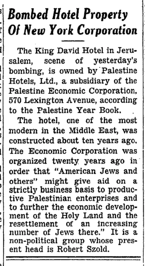 Bombed Hotel Property Of New York Corporation &mdash; New York Times, 23 July 1946