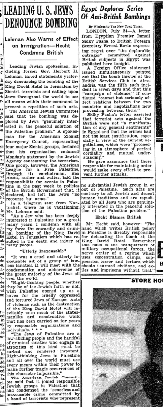 LEADING U.S. JEWS DENOUNCE BOMBING &mdash; New York Times, 25 July 1946