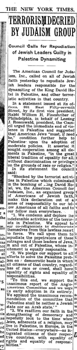 TERRORISM DECRIED BY JUDAISM GROUP &mdash; New York Times, 27 July 1946