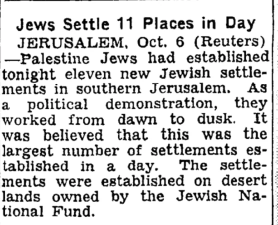 Jews Settle 11 Places in Day &mdash; The New York Times, 7 October 1946