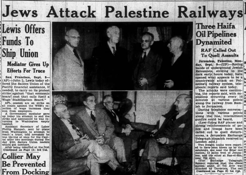 Jews Attack Palestine Railways &mdash; Portland Press Herald, 9 September 1946