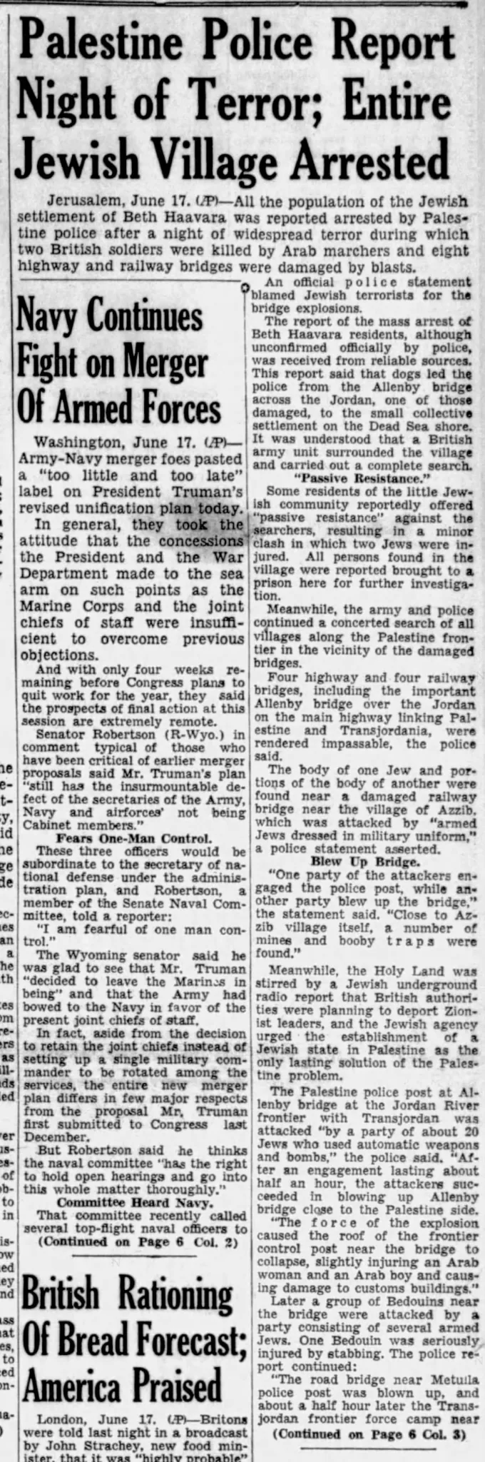 Palestine Police Report Night of Terror; Entire Jewish Village Arrested &mdash; Stamford Advocate, 17 June 1946
