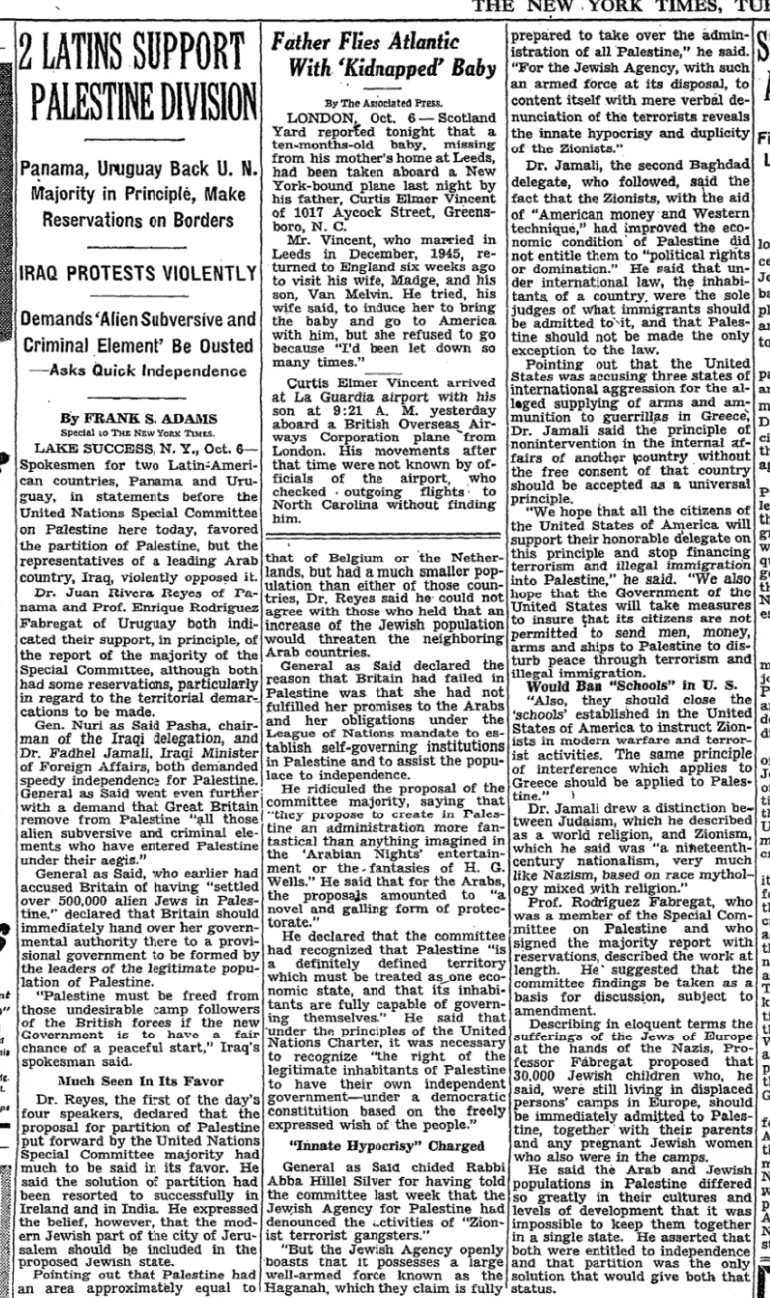 2 Latins Support Palestine Division &mdash; The New York Times, 7 October 1947