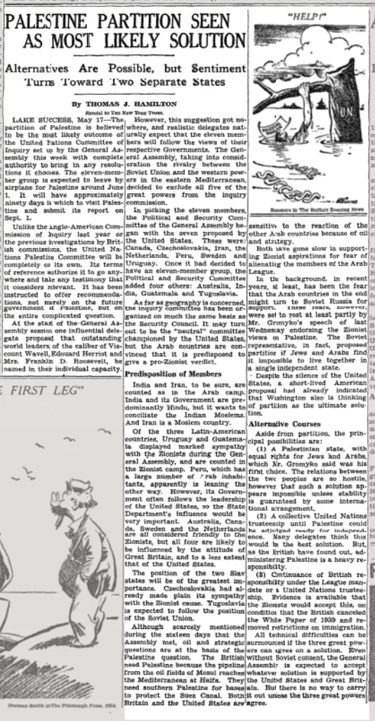 PALESTINE PARTITION SEEN AS MOST LIKELY SOLUTION &mdash; The New York Times, 18 May 1947