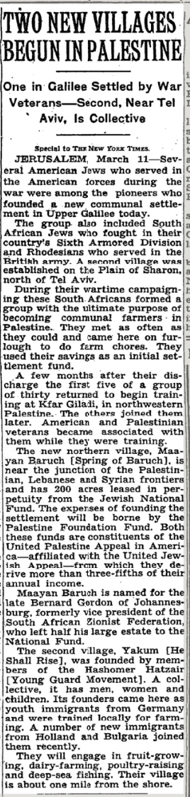TWO NEW VILLAGES BEGUN IN PALESTINE &mdash; The New York Times, 12 March 1947