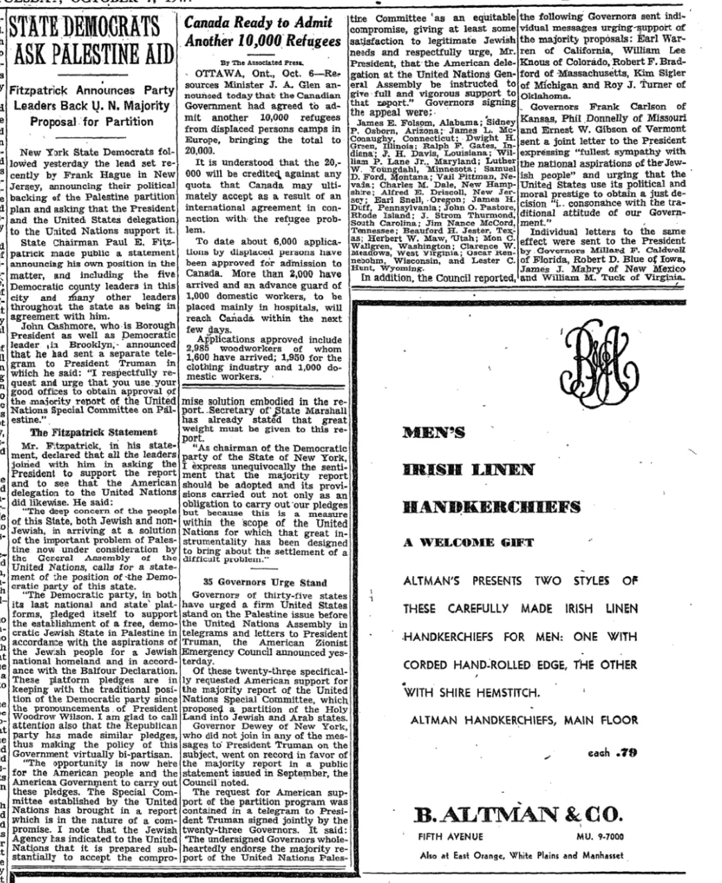 State Democrats Ask Palestine Aid — The New York Times, 7 October 1947