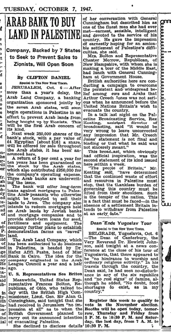 Arab Bank to Buy Land in Palestine &mdash; The New York Times, 7 October 1947
