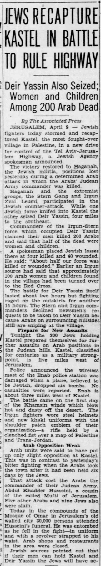Jews Recapture Kastel In Battle To Rule Highway — The Morning News, 10 April 1948