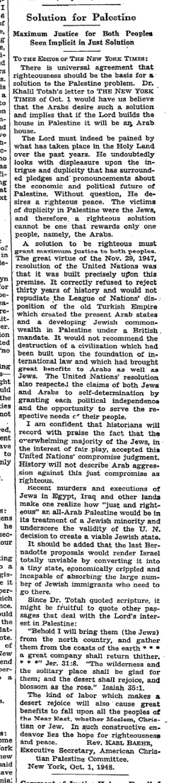 Solution for Palestine &mdash; The New York Times, 7 October 1948