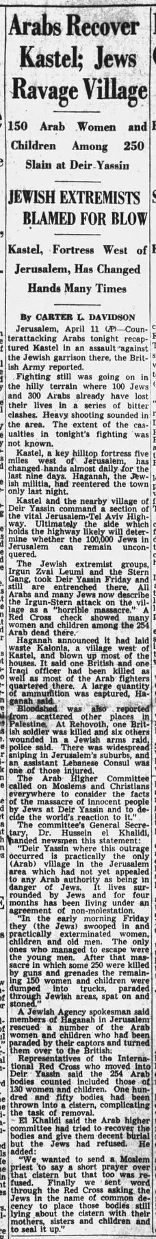 Arabs Recover Kastel; Jews Ravage Village — The Times Leader, 12 April 1948