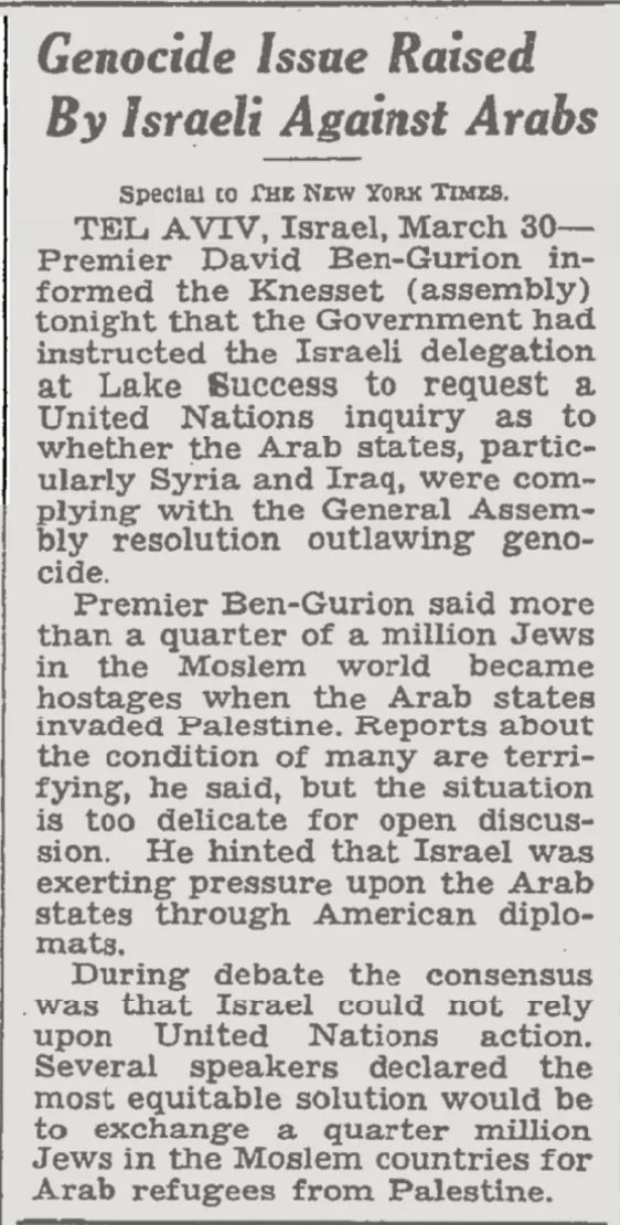 Genocide Issue Raised By Israeli Against Arabs &mdash; The New York Times, 31 March 1949