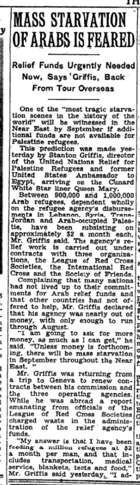 MASS STARVATION OF ARABS IS FEARED &mdash; New York Times, 6 July 1949