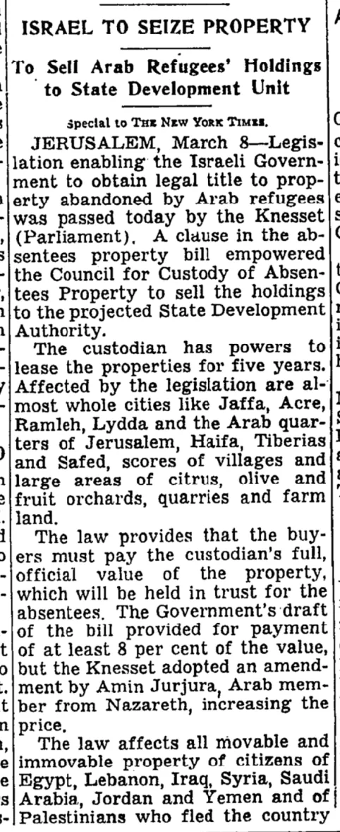 Israel to Seize Property &mdash; The New York Times, 9 March 1950