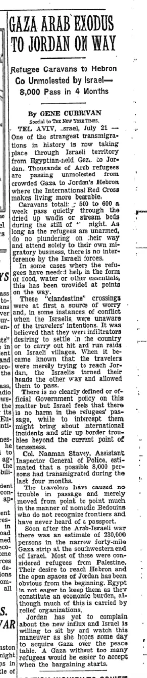 GAZA ARAB EXODUS TO JORDAN ON WAY &mdash; New York Times, 22 July 1950