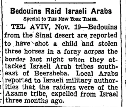 Bedouins Raid Israeli Arabs &mdash; New York Times, 20 November 1950