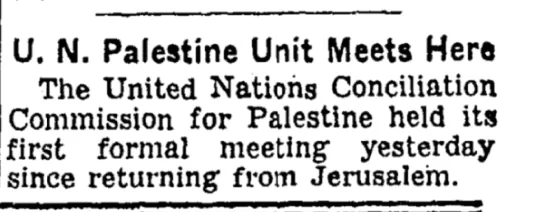 U.N. Palestine Unit Meets Here &mdash; The New York Times, 7 October 1950