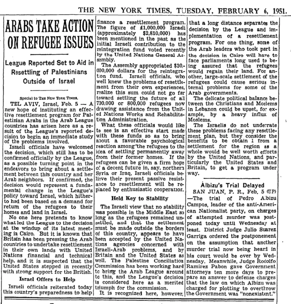 Arabs Take Action on Refugee Issues &mdash; The New York Times, 6 February 1951