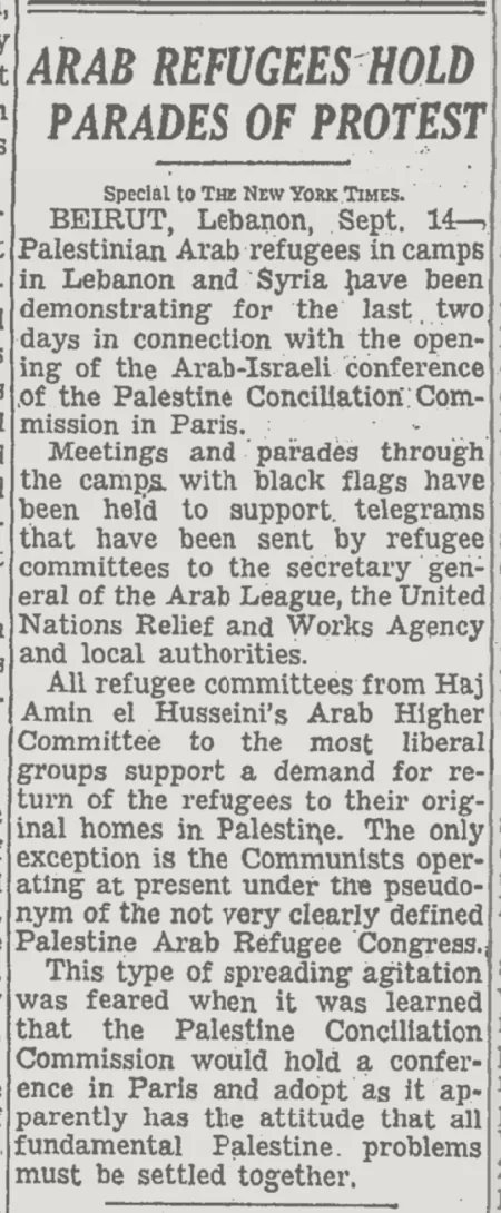 ARAB REFUGEES HOLD PARADES OF PROTEST &mdash; The New York Times, 15 September 1951
