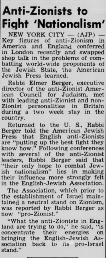Anti-Zionists to Fight ‘Nationalism’ — Wisconsin Jewish Chronicle, 9 November 1951