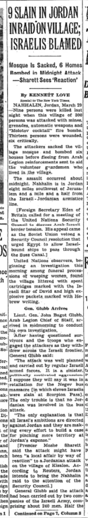 9 Slain in Jordan in Raid on Village; Israelis Blamed &mdash; The New York Times, 30 March 1954