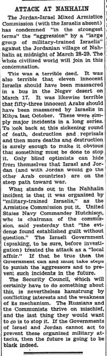 Attack at Nahhalin &mdash; The New York Times, 31 March 1954