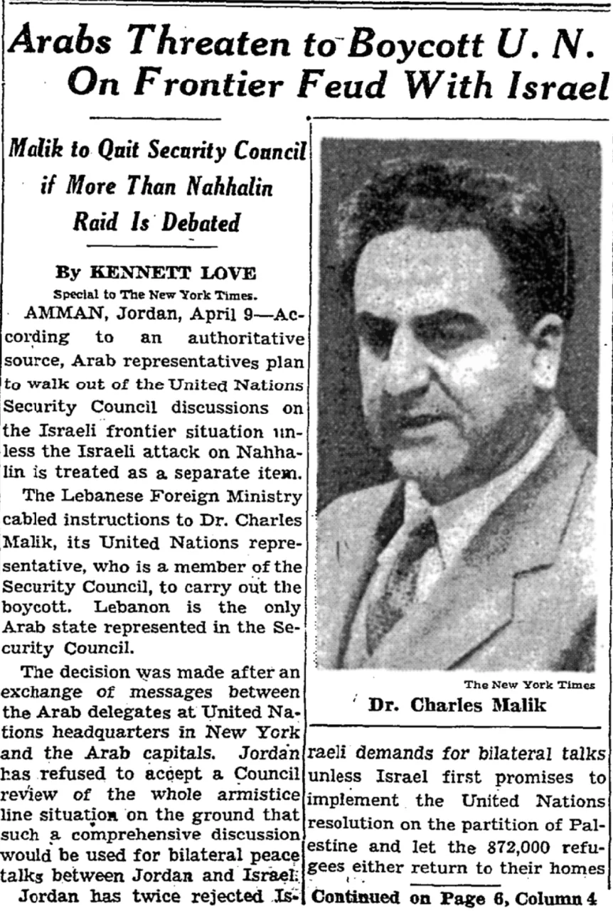 Arabs Threaten to Boycott U.N. On Frontier Feud With Israel &mdash; The New York Times, 10 April 1954