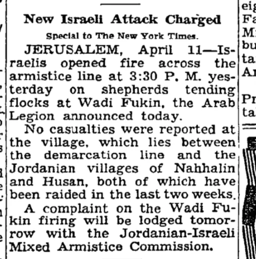 New Israeli Attack Charged &mdash; The New York Times, 12 April 1954