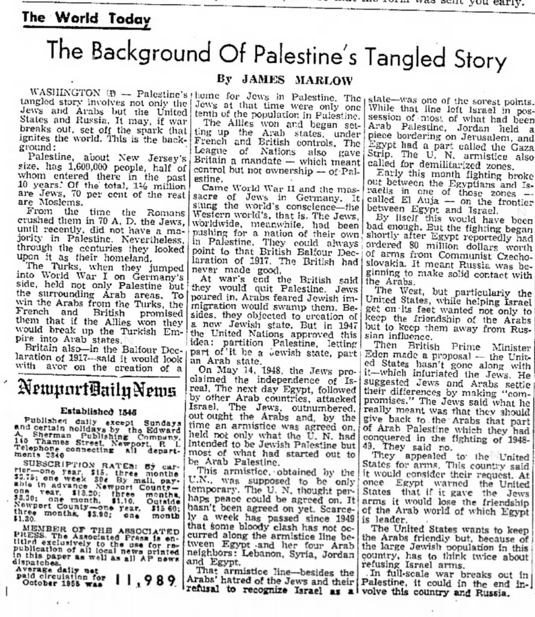 The Background Of Palestine’s Tangled Story &mdash; Newport Daily News, 23 November 1955