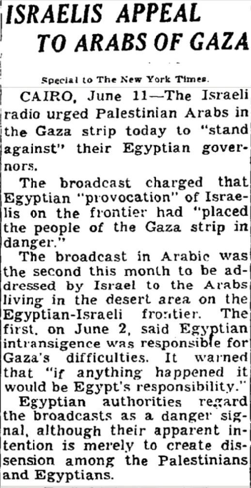 ISRAELIS APPEAL TO ARABS OF GAZA &mdash; New York Times, 12 June 1955