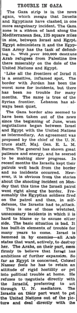 TROUBLE IN GAZA &mdash; New York Times, 24 August 1955
